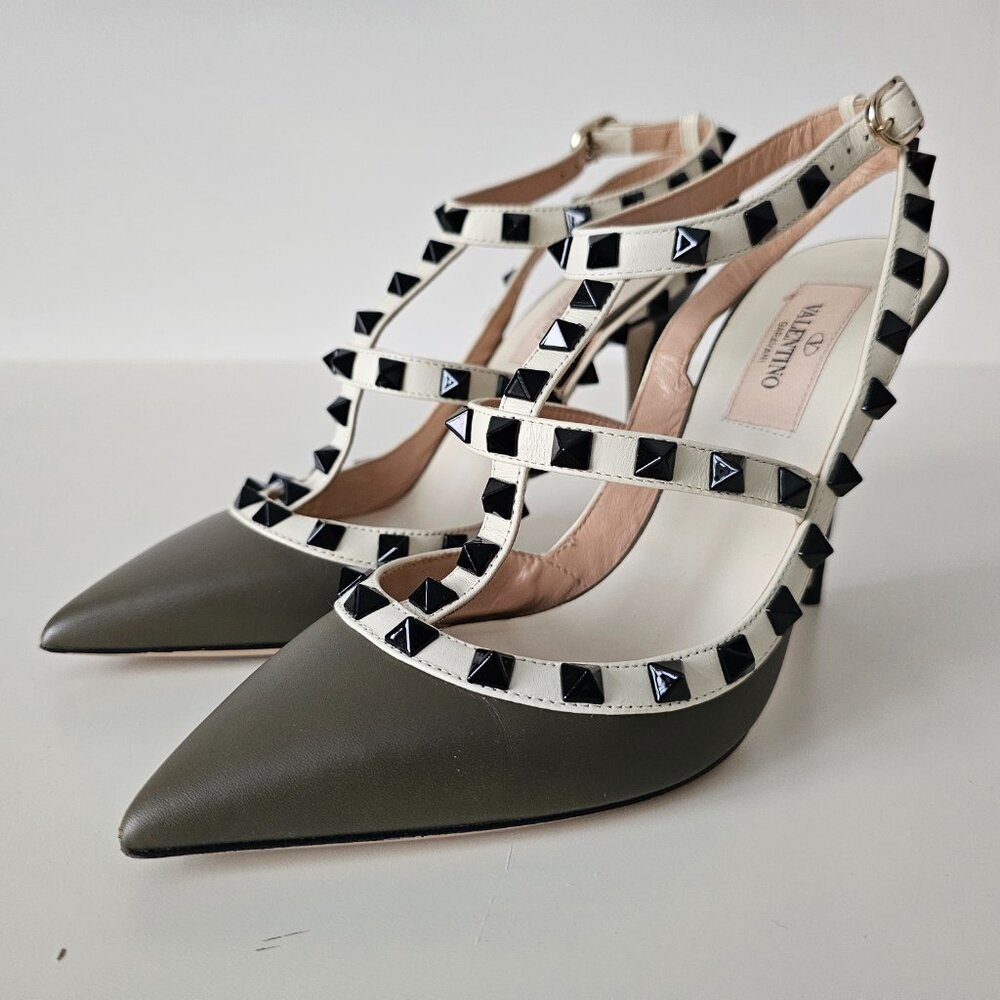 AUTH VALENTINO GARAVANI Rockstud Taupe Green Ankle Strap Shoe Heels 36/6, 100mm - Picture 5 of 15